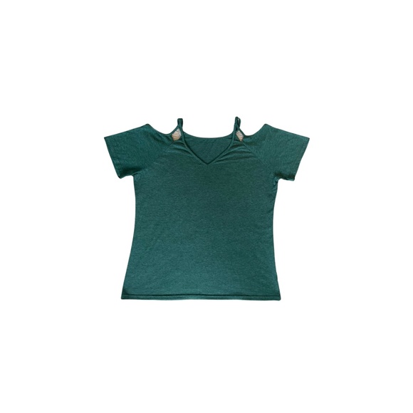 Women's Cold Shoulder Short Sleeve T-Shirt-Green- Size XL - Picture 4 of 5